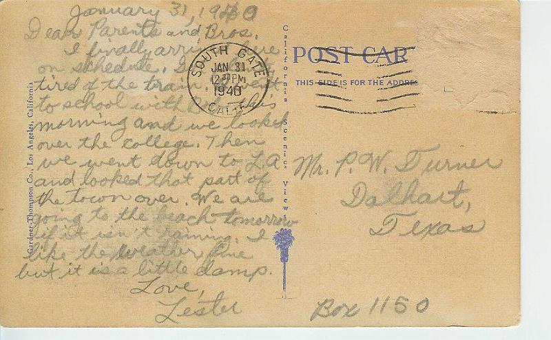 Lester Turner Postcard 1940